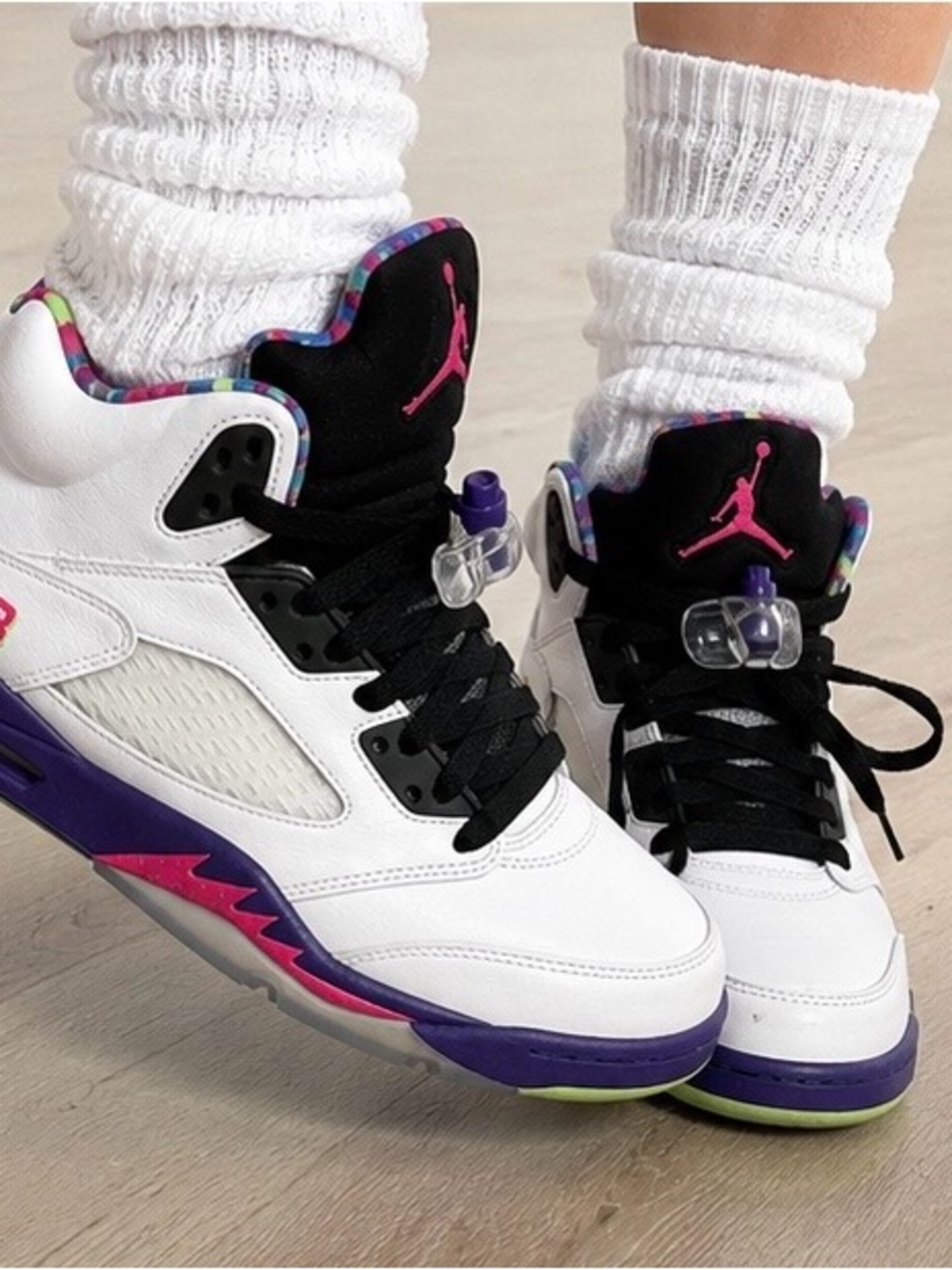 Jordan Retro Basketball Sneakers - White with Black, Purple & Pink Accents